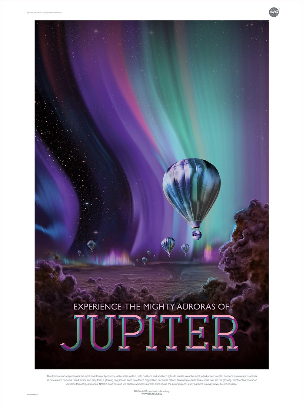 Illustration of Jupiter's auroras with hot air balloons in a sci-fi style.