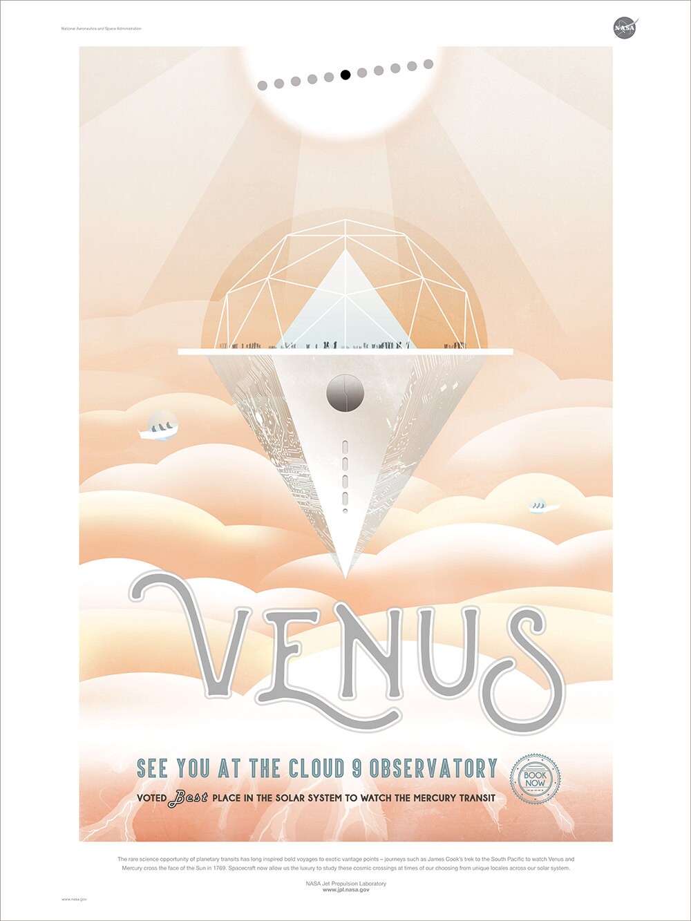 Poster for Venus event at Cloud 9 Observatory with geometric design and cloud background.