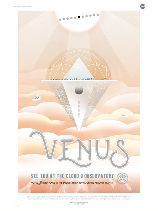 Poster for Venus event at Cloud 9 Observatory with geometric design and cloud background.